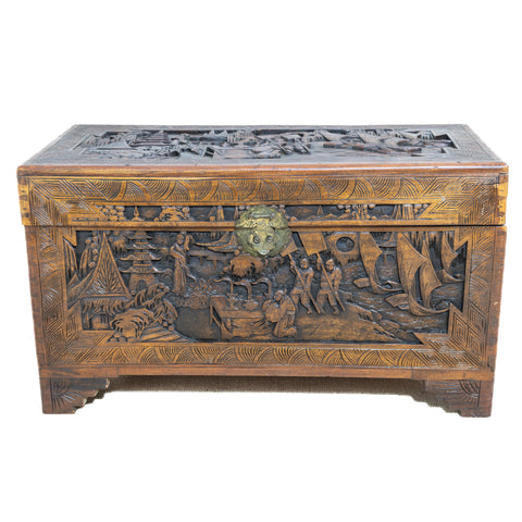 20thC Heavily Carved Chinese Camphor Wood Chest