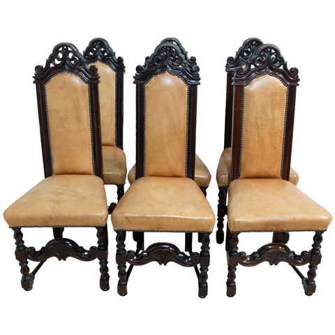 Jacobean Revival Oak & Leather Dining Chairs for sale in cape town. Furniture store.